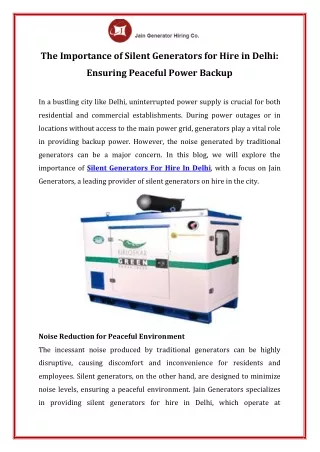 The Importance of Silent Generators for Hire in Delhi Ensuring Peaceful Power Backup