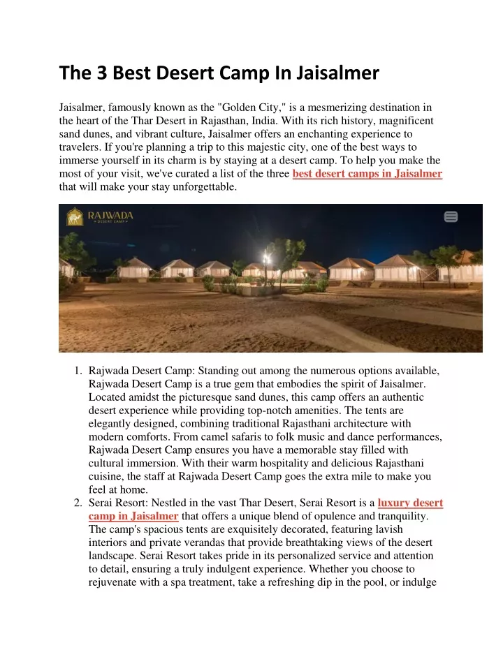 the 3 best desert camp in jaisalmer
