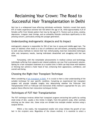 Reclaiming Your Crown_ The Road to Successful Hair Transplantation in Delhi