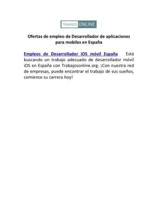 Ofertas de empleo de Desarrollador de aplicaciones para mobiles en España