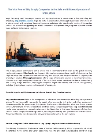 Vital Role of Ship Supply Companies in the Safe and Efficient Operation of Ships