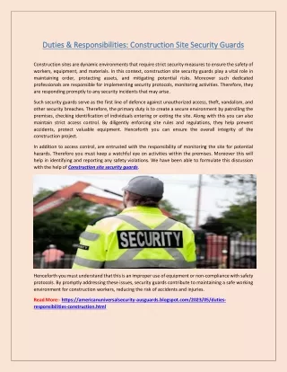 Duties & Responsibilities: Construction Site Security Guards