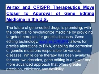 Vertex and CRISPR Therapeutics Move Closer to Approval of Gene Editing Medicine