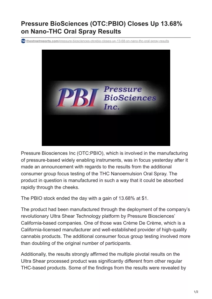 pressure biosciences otc pbio closes