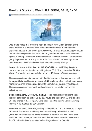 breakout stocks to watch ipa snrg dpls enzc