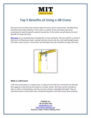Top 5 Benefits of Using a JIB Crane