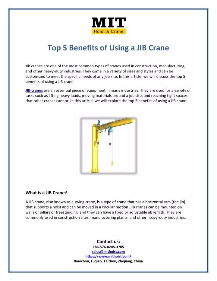 top 5 benefits of using a jib crane