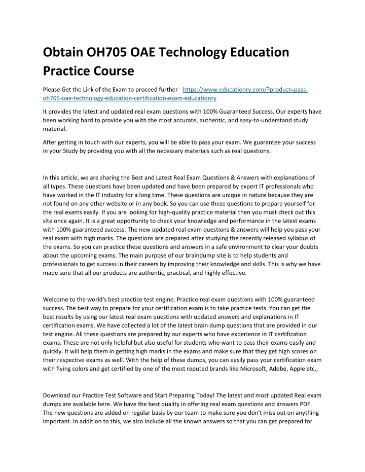 obtain oh705 oae technology education practice