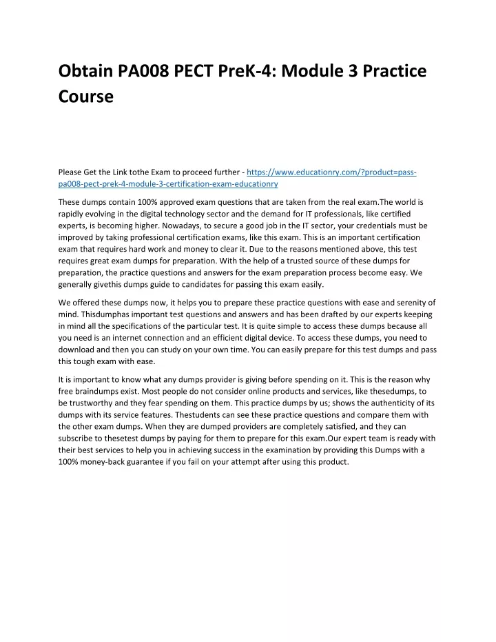 obtain pa008 pect prek 4 module 3 practice course