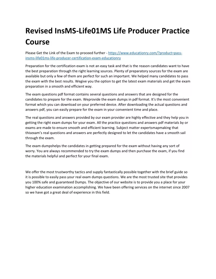 revised insms life01ms life producer practice