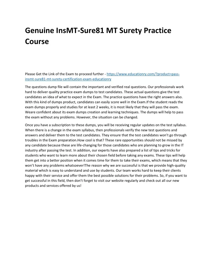 genuine insmt sure81 mt surety practice course