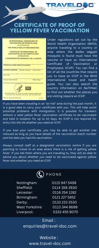 Certificate of proof of Yellow Fever Vaccination