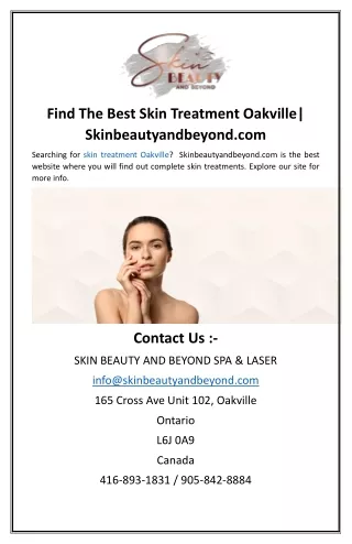 Find The Best Skin Treatment Oakville Skinbeautyandbeyond.com