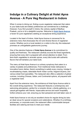 Indulge in a Culinary Delight at Hotel Apna Avenue - A Pure Veg Restaurant in Indore