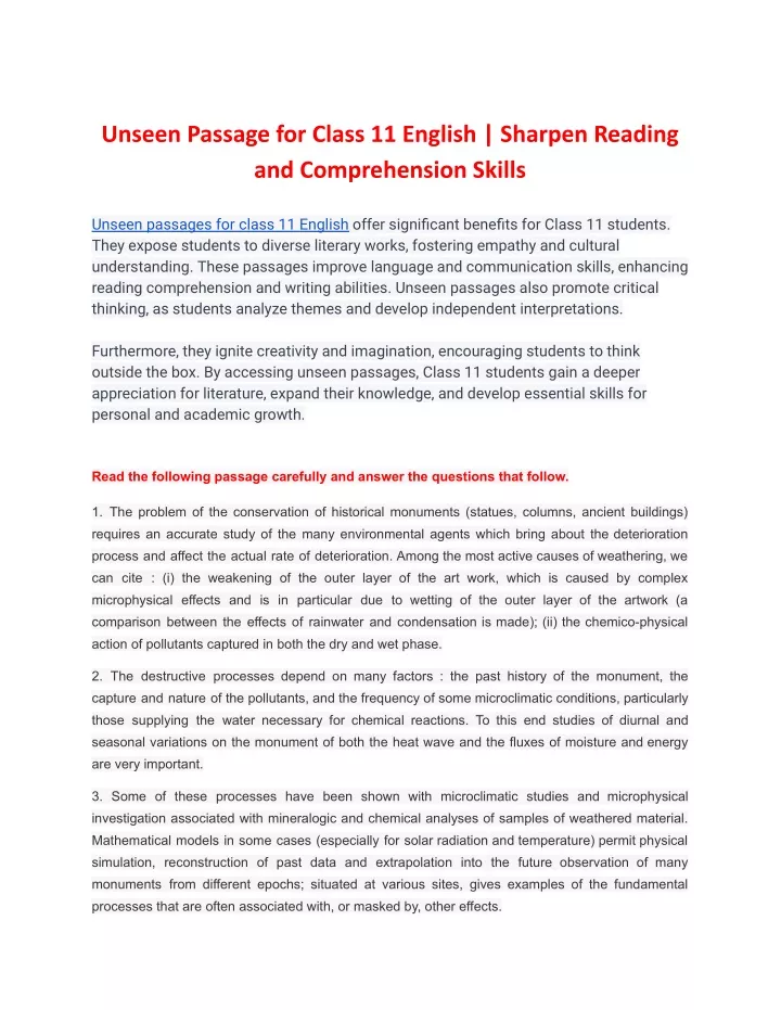 unseen passage for class 11 english sharpen