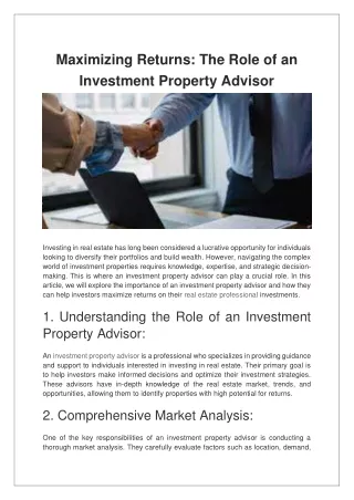 Maximizing Returns The Role of an Investment Property Advisor