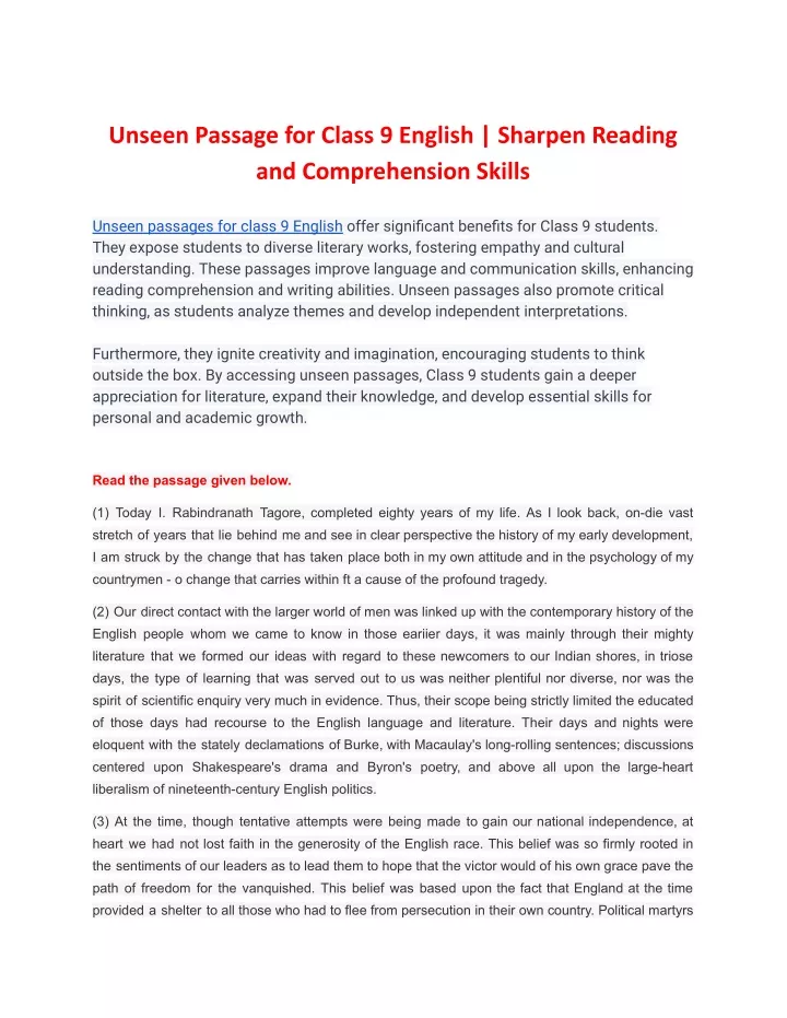 unseen passage for class 9 english sharpen