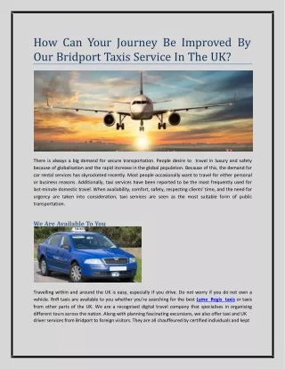 How Can Your Journey Be Improved By Our Bridport Taxis Service In The UK