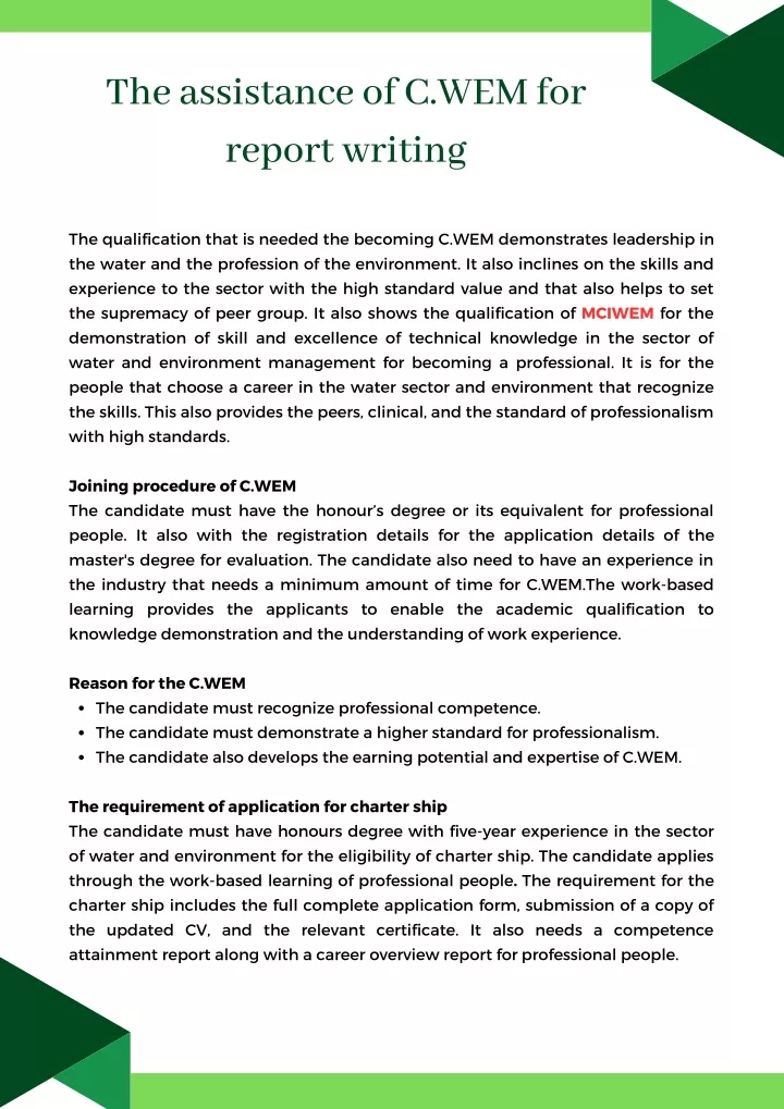 the assistance of c wem for report writing