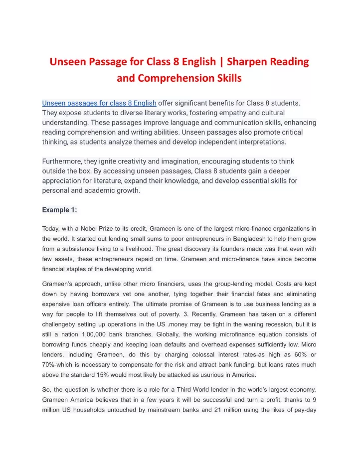 unseen passage for class 8 english sharpen