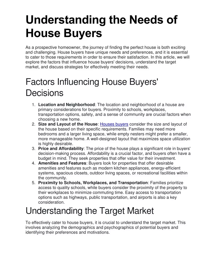 understanding the needs of house buyers