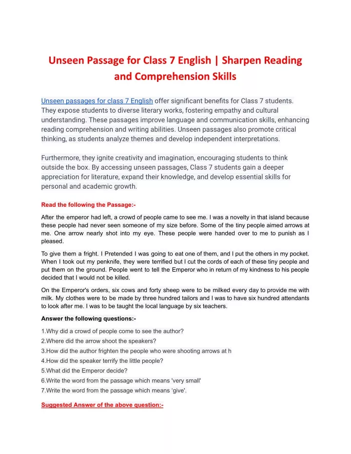 unseen passage for class 7 english sharpen