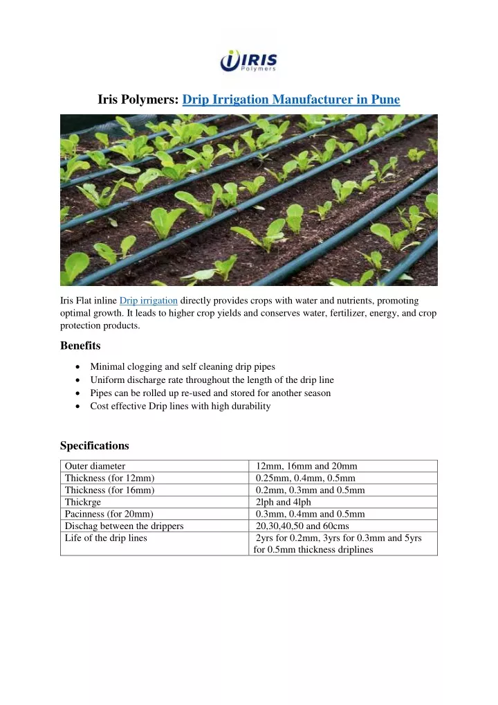 iris polymers drip irrigation manufacturer in pune