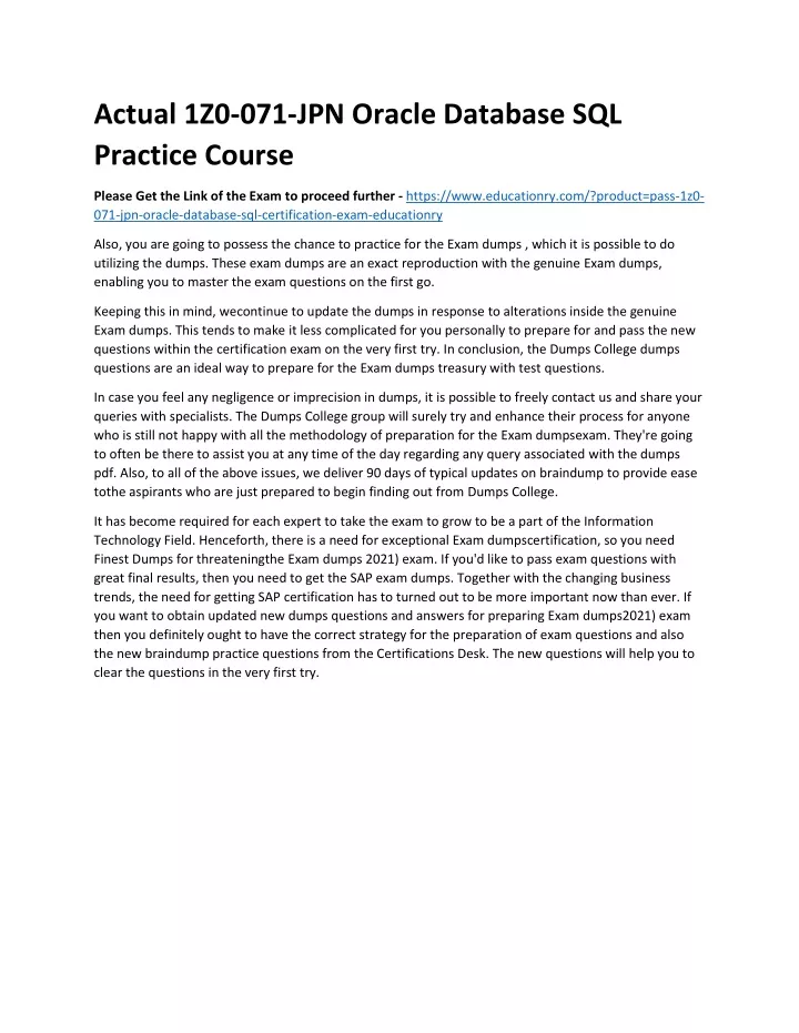 actual 1z0 071 jpn oracle database sql practice