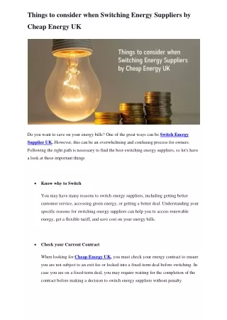 Things to consider when Switching Energy Suppliers by Cheap Energy UK