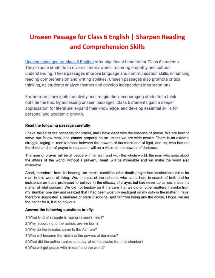 unseen passage for class 6 english sharpen