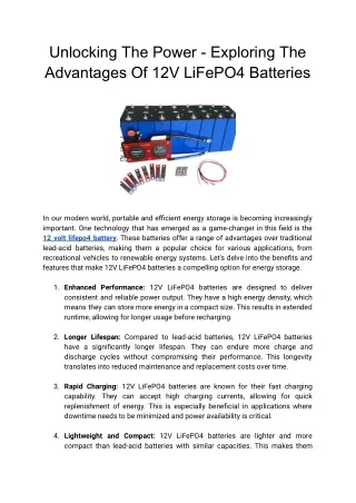 Unlocking The Power - Exploring The Advantages Of 12V LiFePO4 Batteries