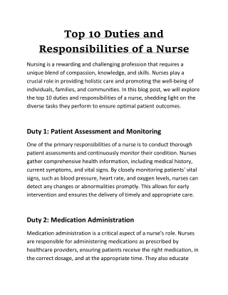 top 10 duties and responsibilities of a nurse