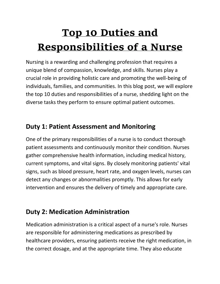 top 10 duties and responsibilities of a nurse