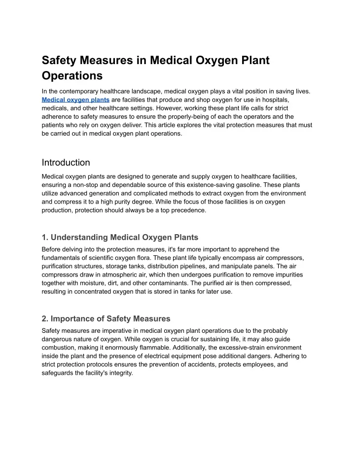 safety measures in medical oxygen plant operations