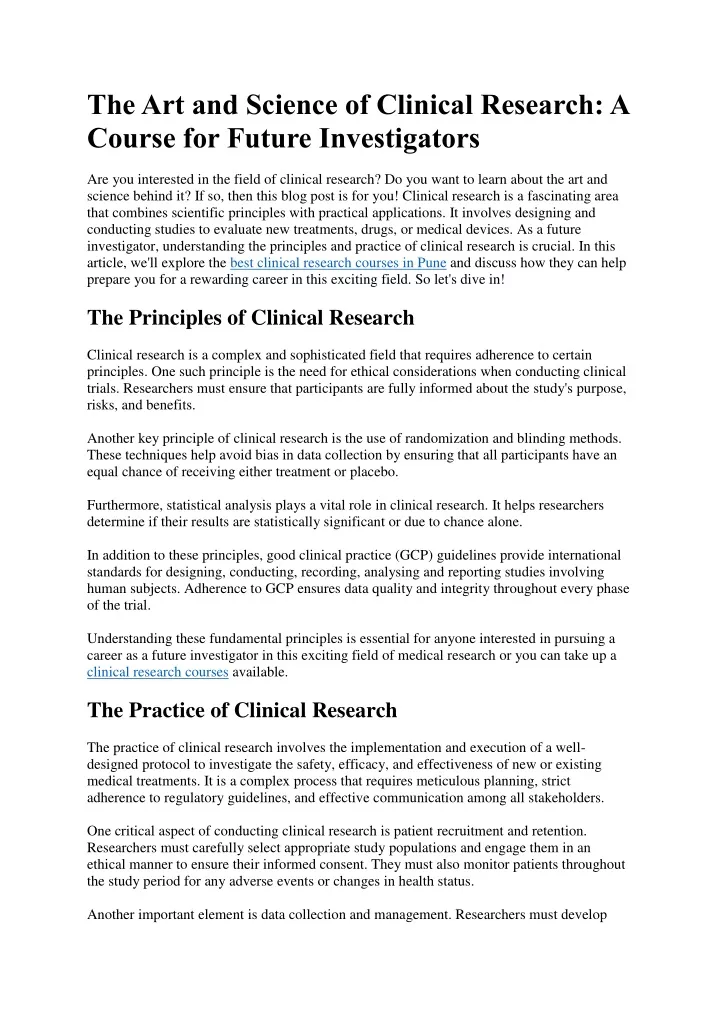 the art and science of clinical research a course