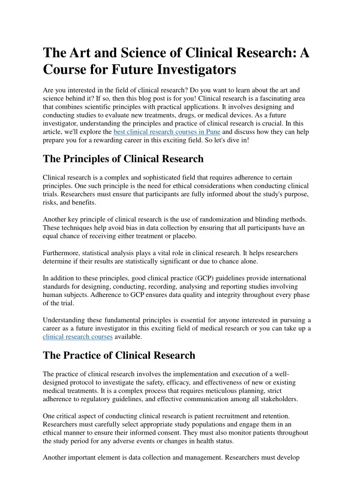the art and science of clinical research a course