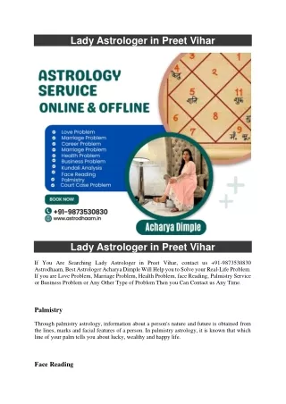 Lady Astrologer in Preet Vihar  91-9873530830