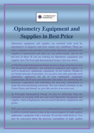 Optometry Equipment and Supplies in Best Price