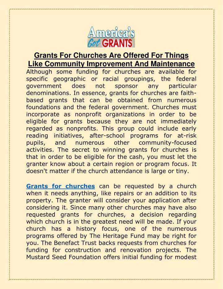 grants for churches are offered for things like