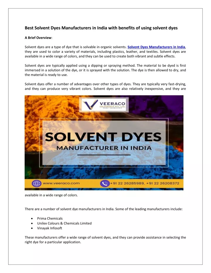 best solvent dyes manufacturers in india with