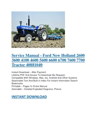 Service Manual - Ford New Holland 2600 3600 4100 4600 5600 6600 6700 7600 7700 Tractor 40881040