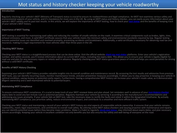 mot status and history checker keeping your vehicle roadworthy