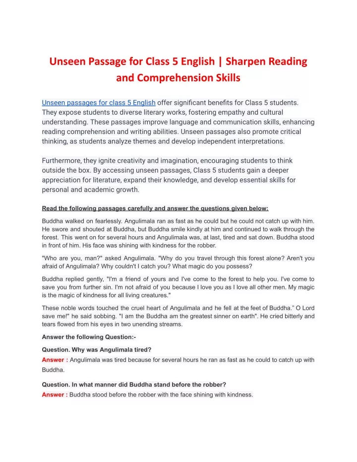 unseen passage for class 5 english sharpen