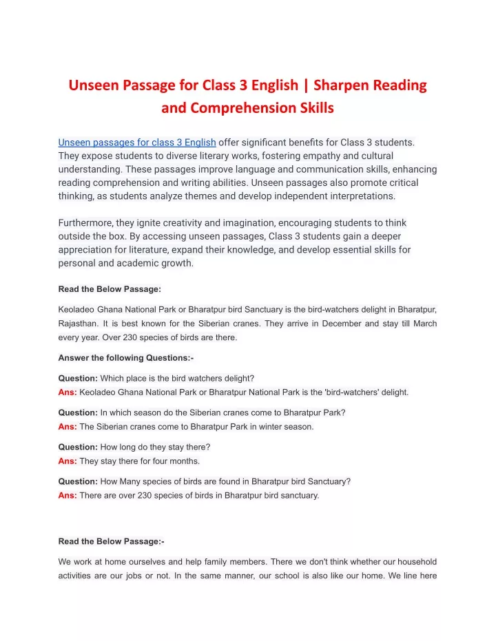unseen passage for class 3 english sharpen