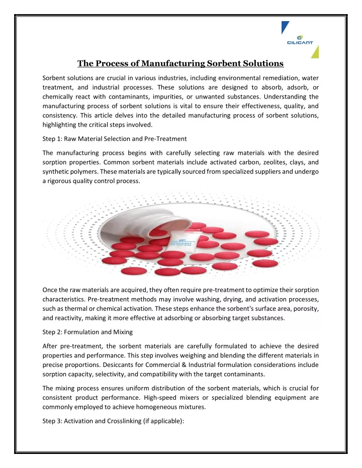 the process of manufacturing sorbent solutions