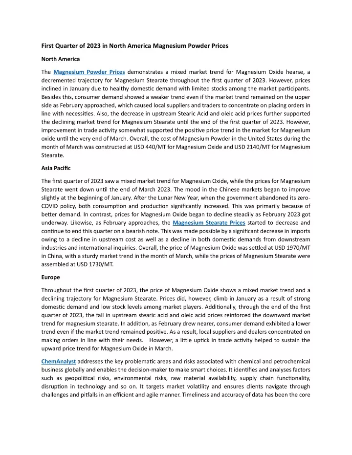 first quarter of 2023 in north america magnesium