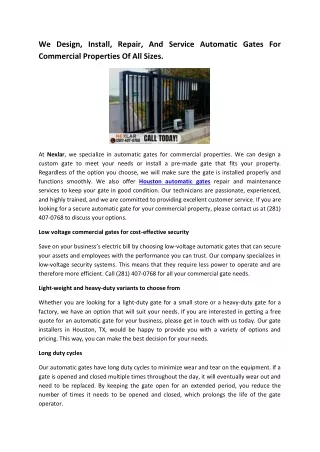 We Design, Install, Repair, And Service Automatic Gates For Commercial Propertie