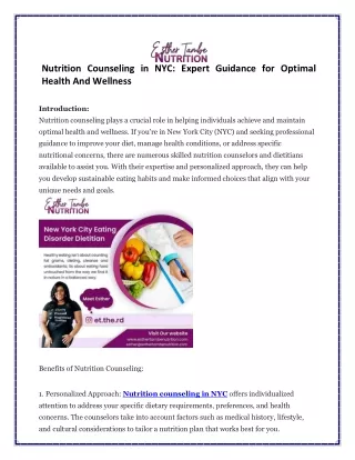 Nutrition Counseling in NYC Expert Guidance for Optimal Health and Wellness