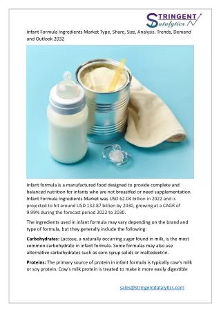 Infant Formula Ingredients Market Trends, Demand and Outlook 2032