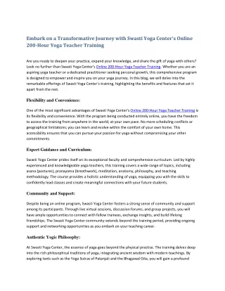 Embark on a Transformative Journey with Swasti Yoga Center's Online 200-Hour Yoga Teacher Training